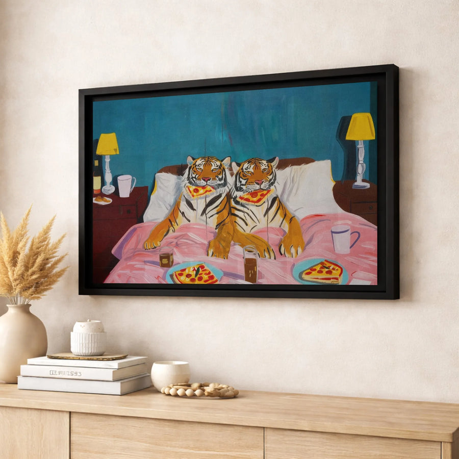 Tigers Eating Pizza Canvas Art | Whimsical Animal Wall Decor | Premium 1.25-Inch Framed Canvas | Unique Modern Home Gift for Animal Lovers