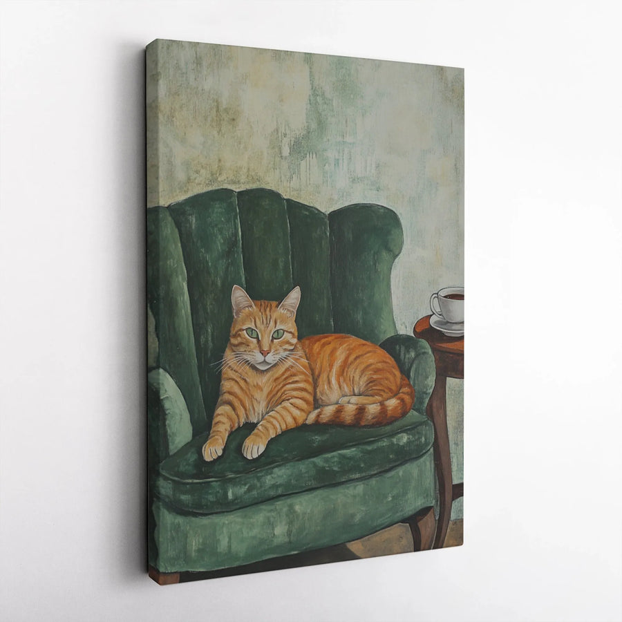 Orange Tabby Cat Canvas Wall Art | Vintage Painting of Cat in Armchair | Thick Gallery Wrap Canvas | Premium Gift for Cat Lover
