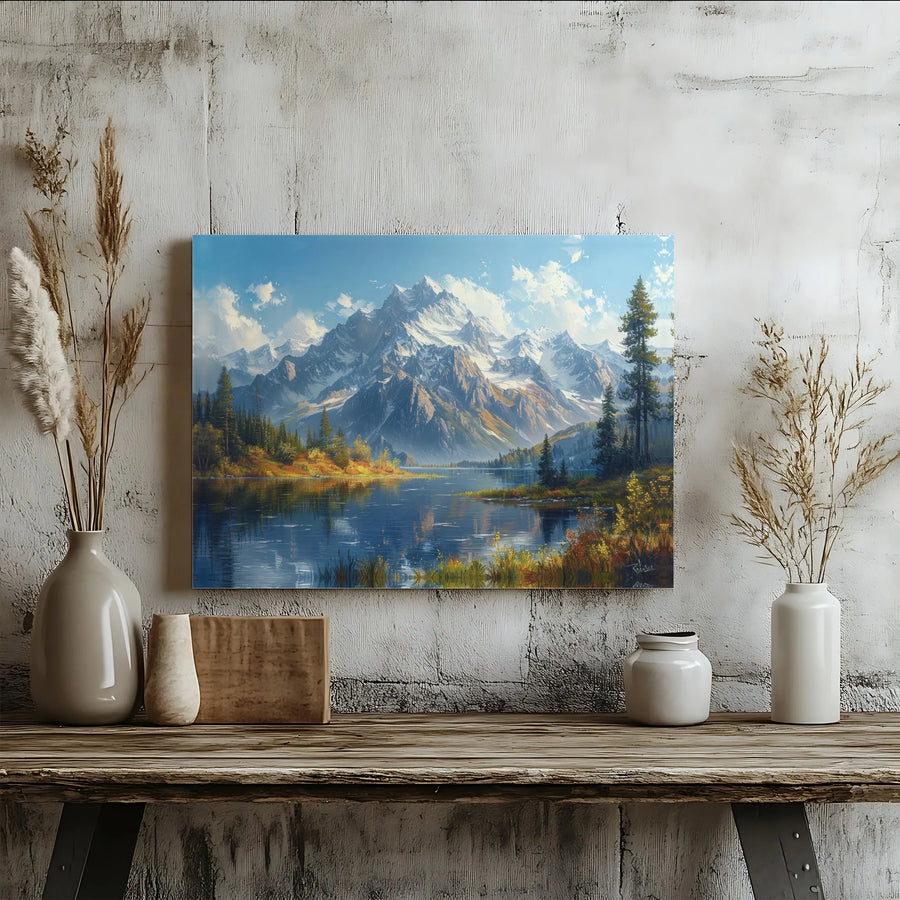 Mountain Lake Canvas Wall Art | Snowy Peaks Landscape Print | Premium Gallery Wrap Decor | Nature Lover Gift for Home Office
