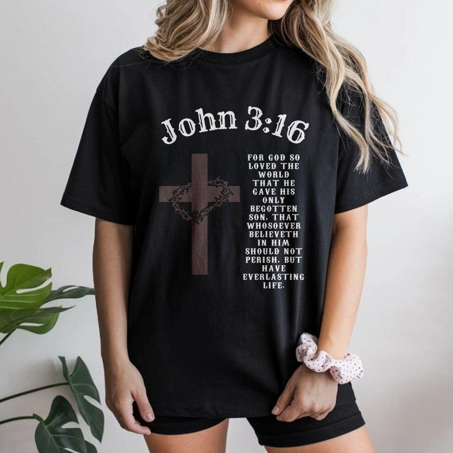 John 3:16 Christian T-Shirt | Cross and Crown of Thorns Bible Verse Graphic | Premium Cotton Unisex Apparel | Faith-Based Religious Gift for Believers