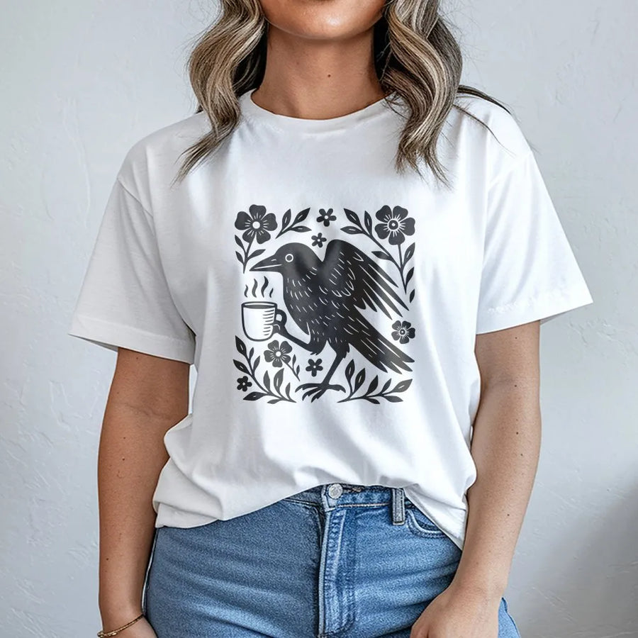 Gothic Crow Coffee Lover T-Shirt | Vintage Floral Bird Graphic Sweatshirt | Premium Cotton Blend | Dark Academia Unisex Gift