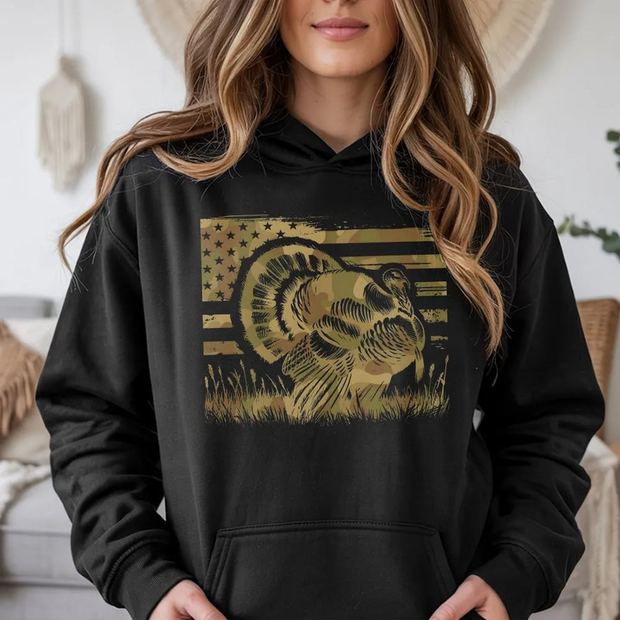 Turkey Hunting Hoodie | American Flag Camo Graphic | Soft Cotton Blend | Patriotic Gift for Hunter