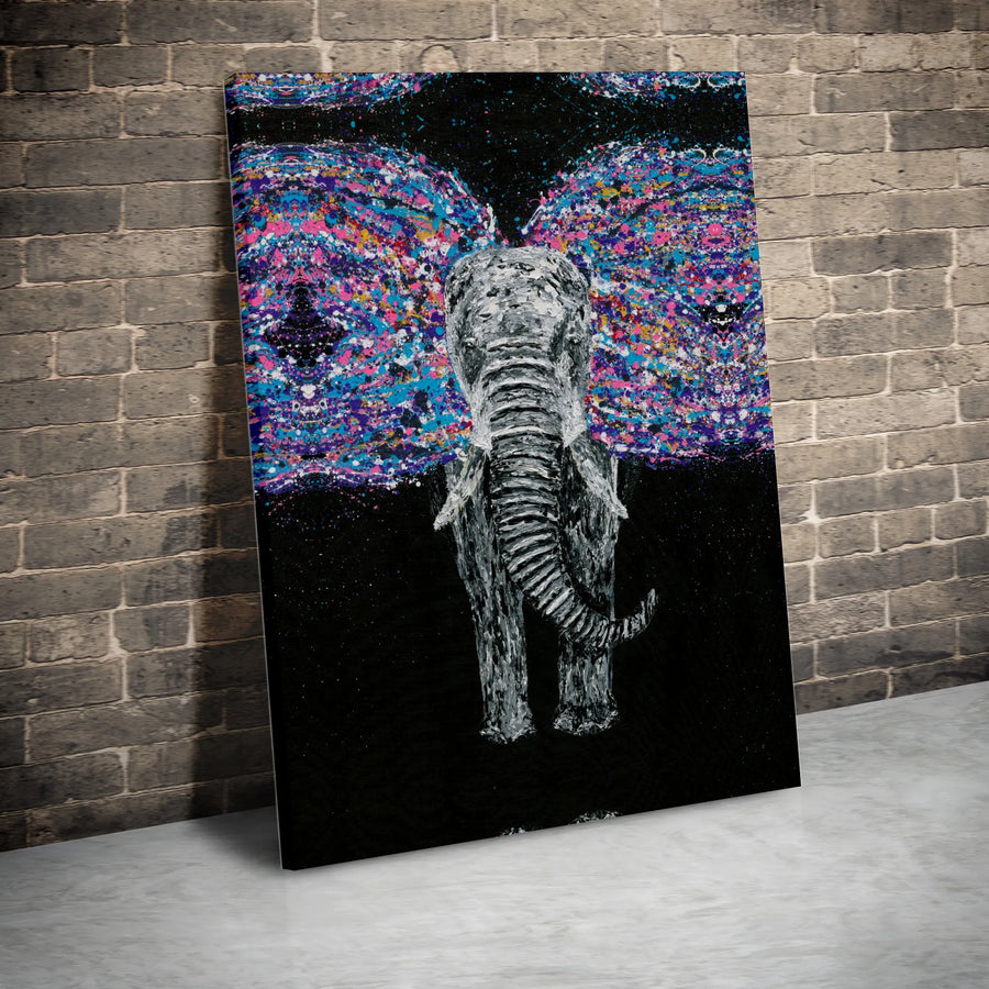 Abstract Elephant Canvas Wall Art | Vibrant Butterfly Wings Splatter Paint Design | 1.25 Inch Gallery Wrap | Modern Home Office Decor Gift