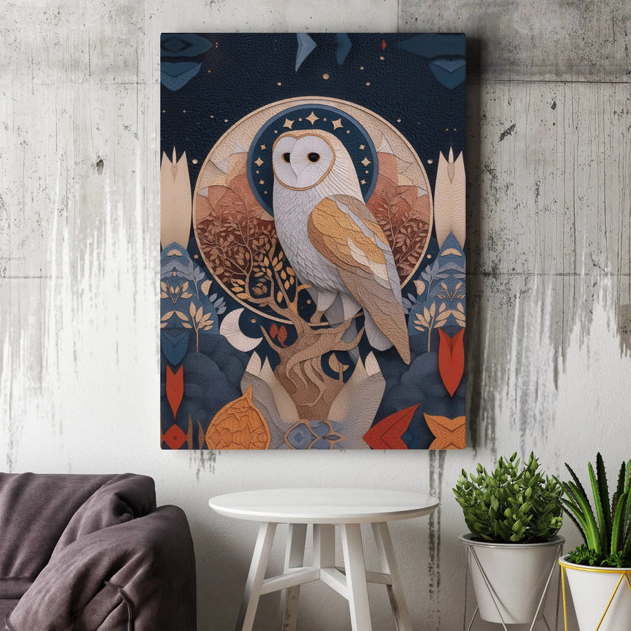 Barn Owl Wall Art | Celestial Moon And Stars Graphic | Premium 1.25 Inch Canvas Print | Nature Inspired Modern Home Decor Gift