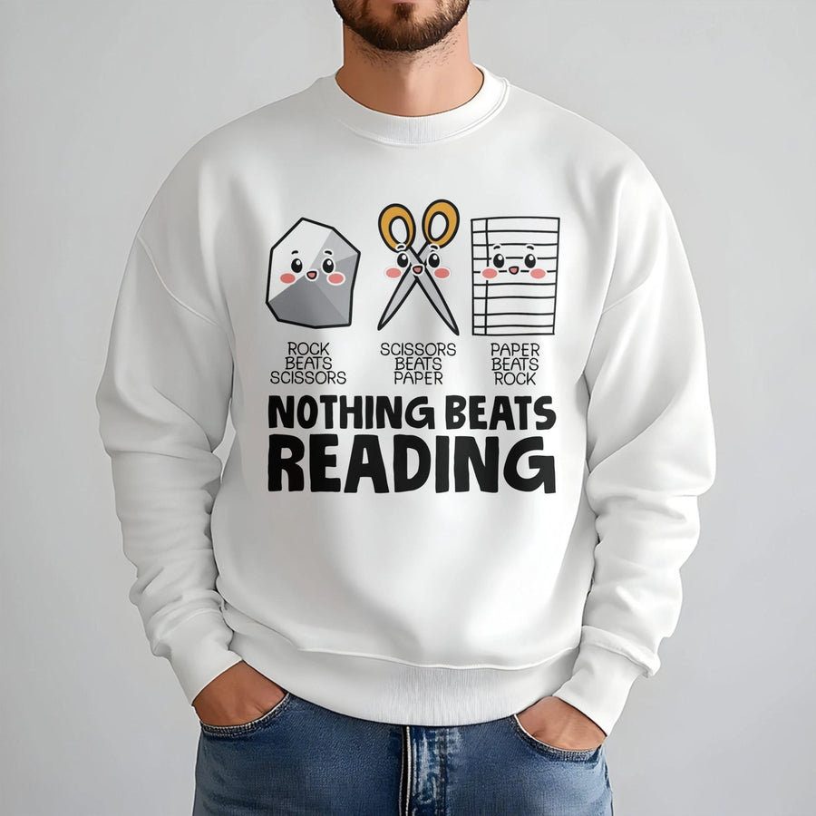Nothing Beats Reading Sweatshirt | Funny Book Lover Graphic | Premium Cotton Blend Crewneck | Teacher Librarian Literacy Gift