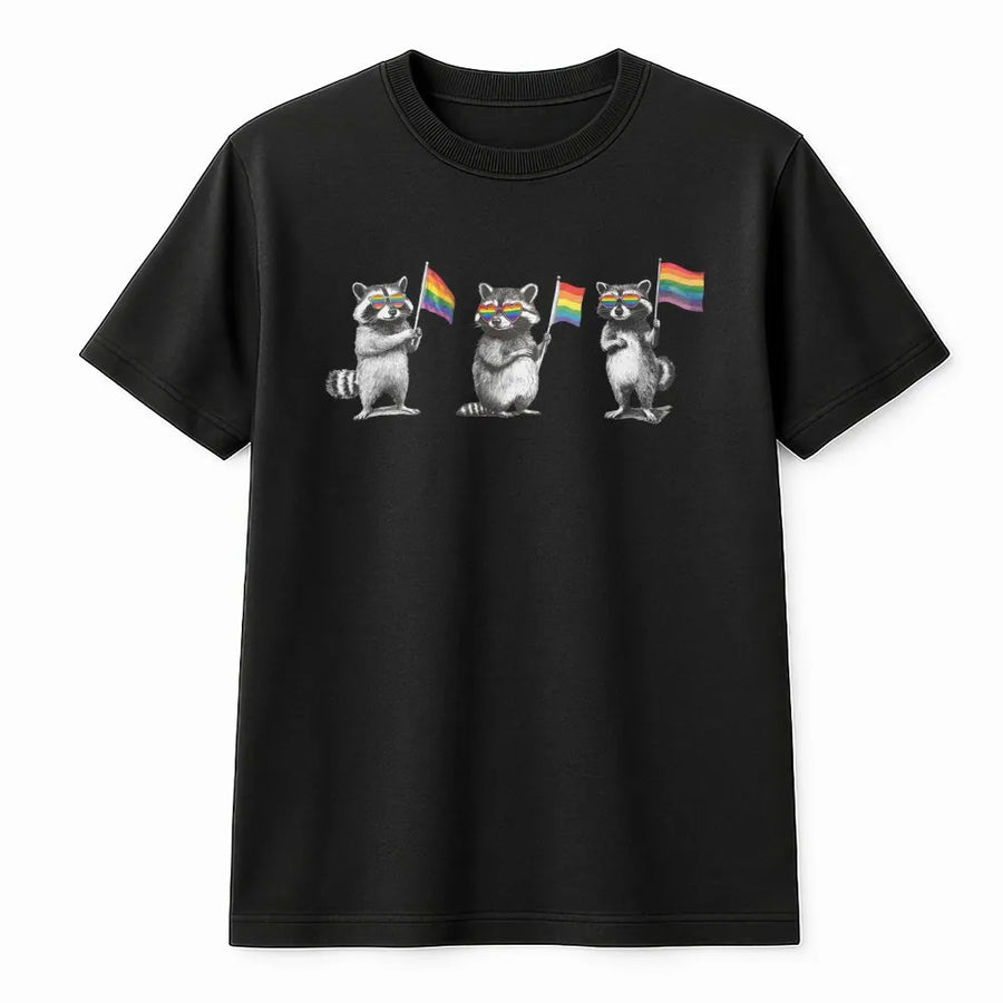 Raccoon Pride T-Shirt | Vintage LGBT Ally Graphic with Rainbow Flags | Soft Cotton Blend | LGBTQ Queer Pride Gift