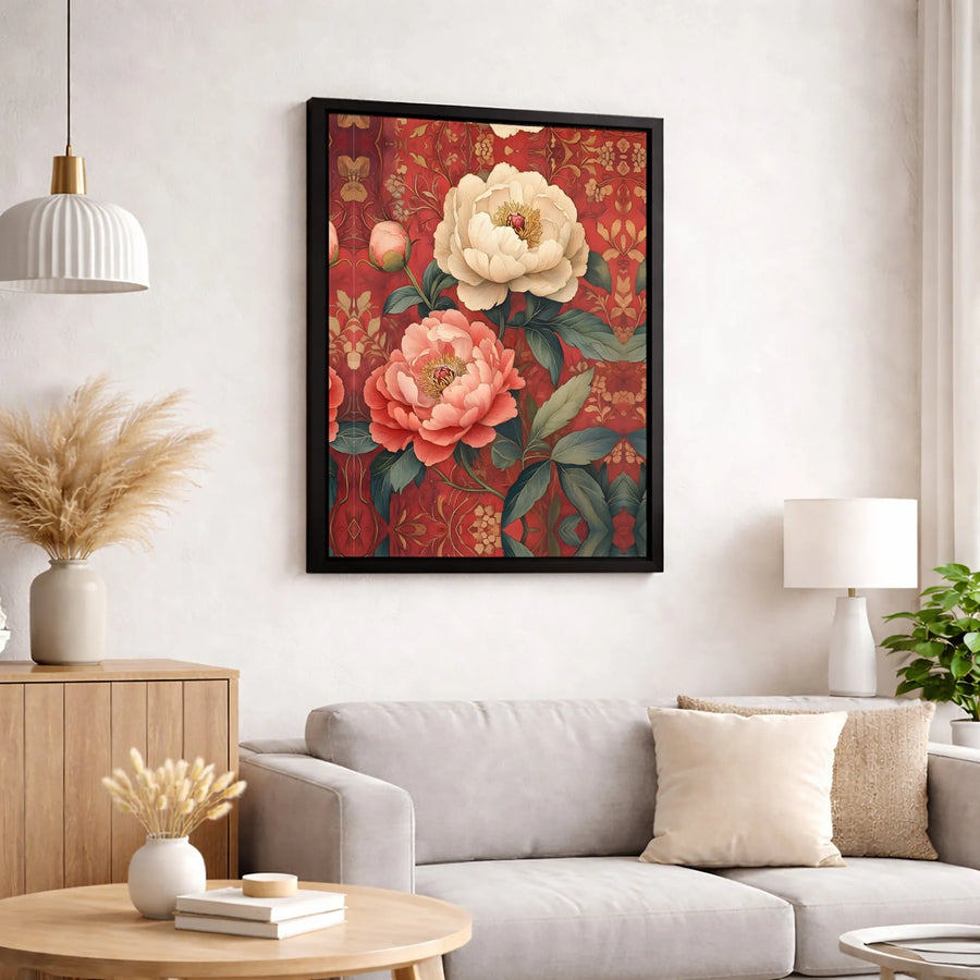 Floral Peony Wall Art | Red Damask Botanical Canvas | Gallery-Quality Fade-Resistant Print | Elegant Home Office Decor Gift