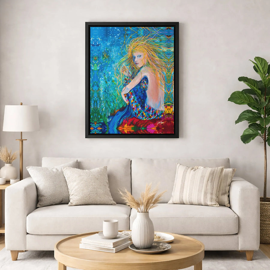 Mermaid Wall Art Canvas | Vibrant Psychedelic Underwater Painting | Premium Gallery Wrap Print | Magical Nautical Decor Gift