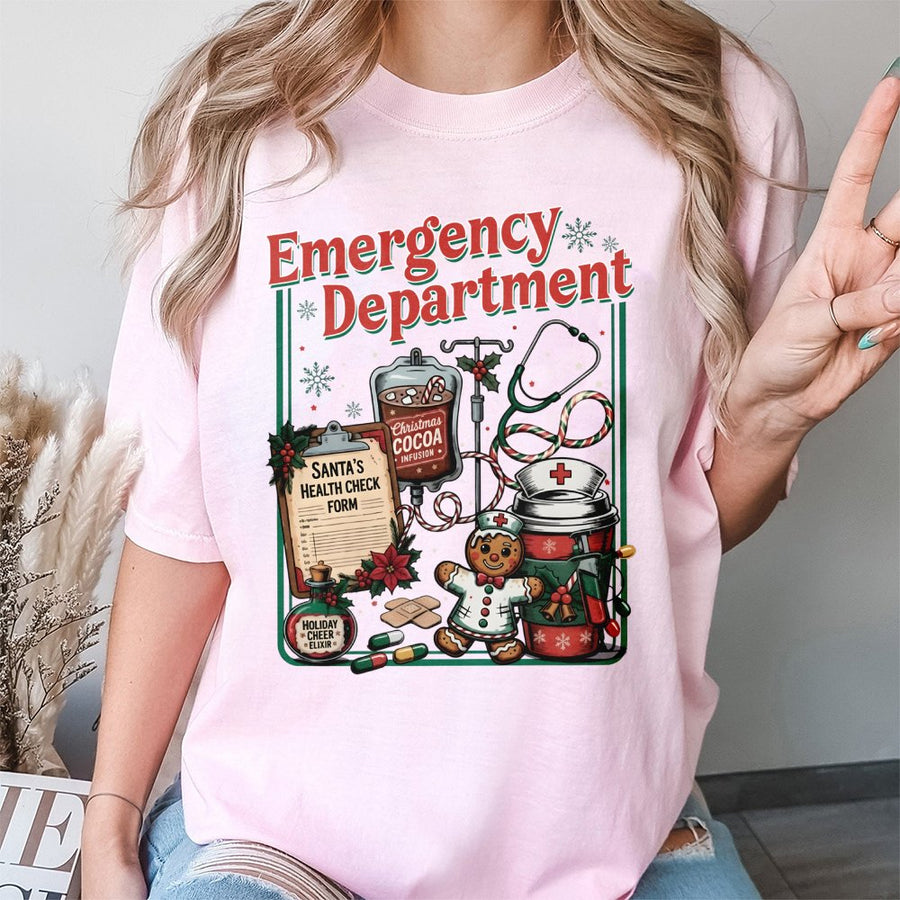 Emergency Department Christmas T-Shirt | Festive ER Nurse Graphic Tee | Premium 100% Cotton | Funny Medical Staff Holiday Gift