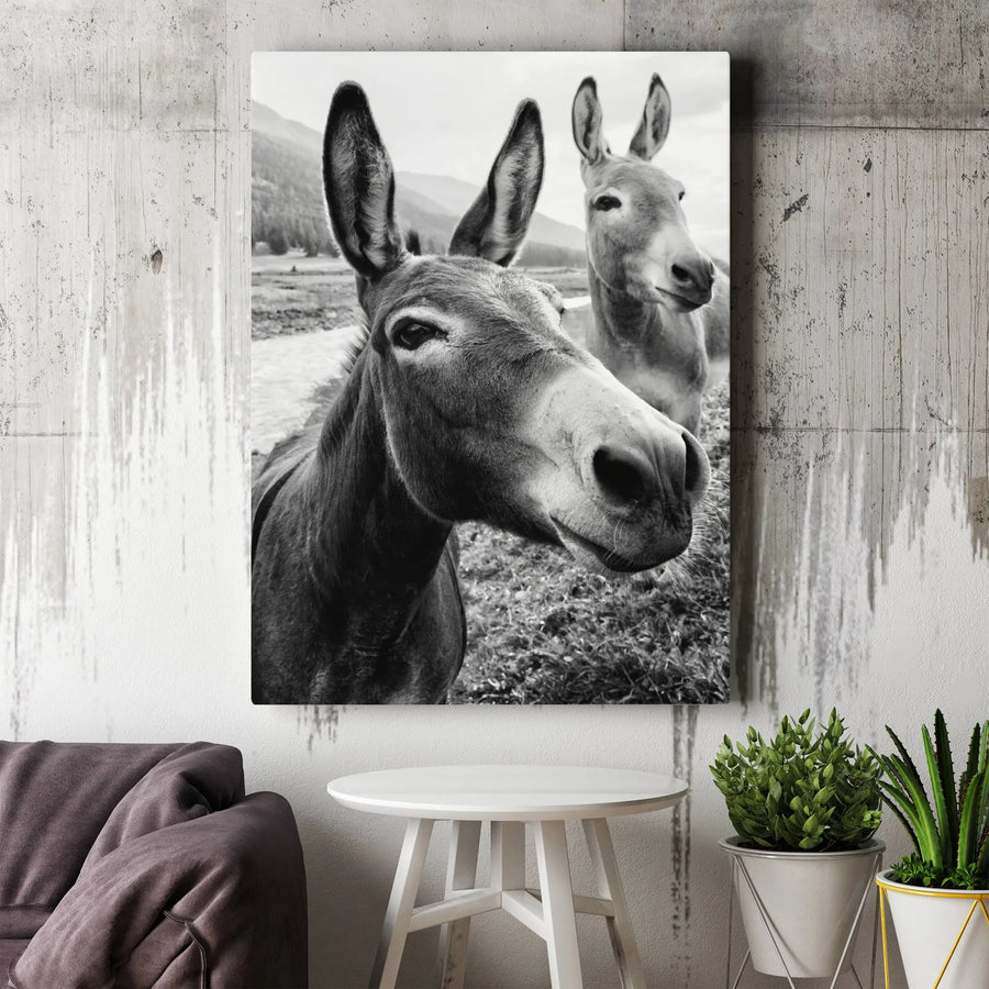 Two Donkeys Wall Art | Monochrome Farm Animal Photography | Premium 1.25" Gallery Wrap Canvas | Rustic Modern Home Decor Gift