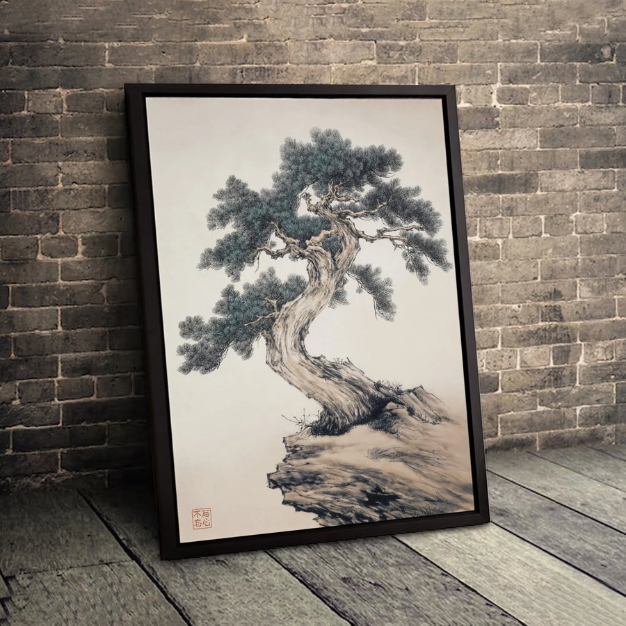 Traditional Ink Wash Pine Tree Canvas Wall Art | Japanese Zen Bonsai Aesthetic | 1.25" Premium Gallery Profile | Minimalist Office & Home Decor Gift