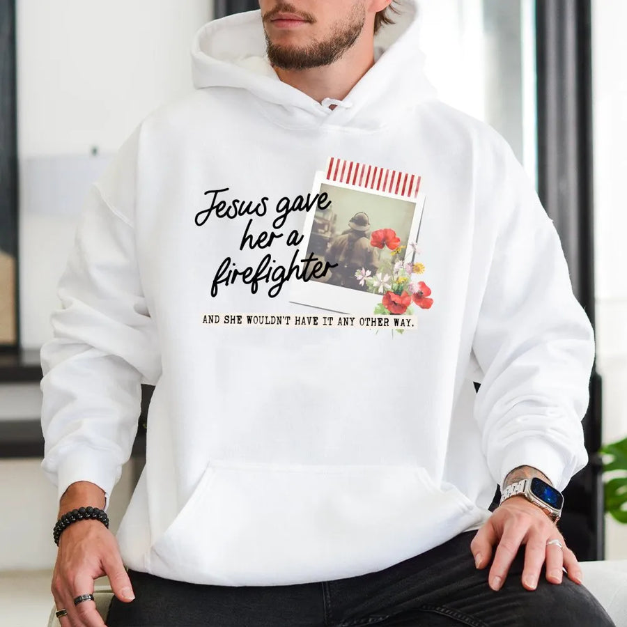 Jesus Gave Her A Firefighter Hoodie | Floral Polaroid Graphic Design | Premium Cotton Blend | Gift for Firefighter Wife and First Responder Spouse