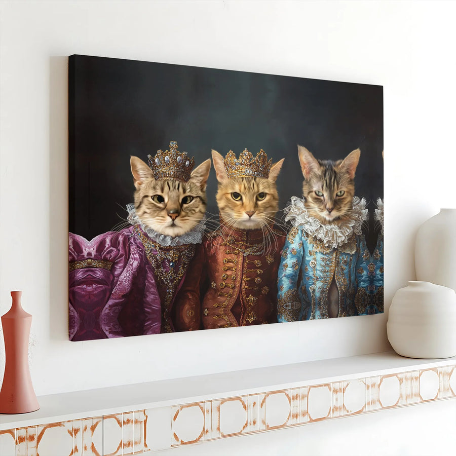 Royal Cat Portrait Canvas Print | Three Regal Cats with Crowns | Premium Gallery Wrap Wall Art | Funny Home Decor Gift for Cat Lovers