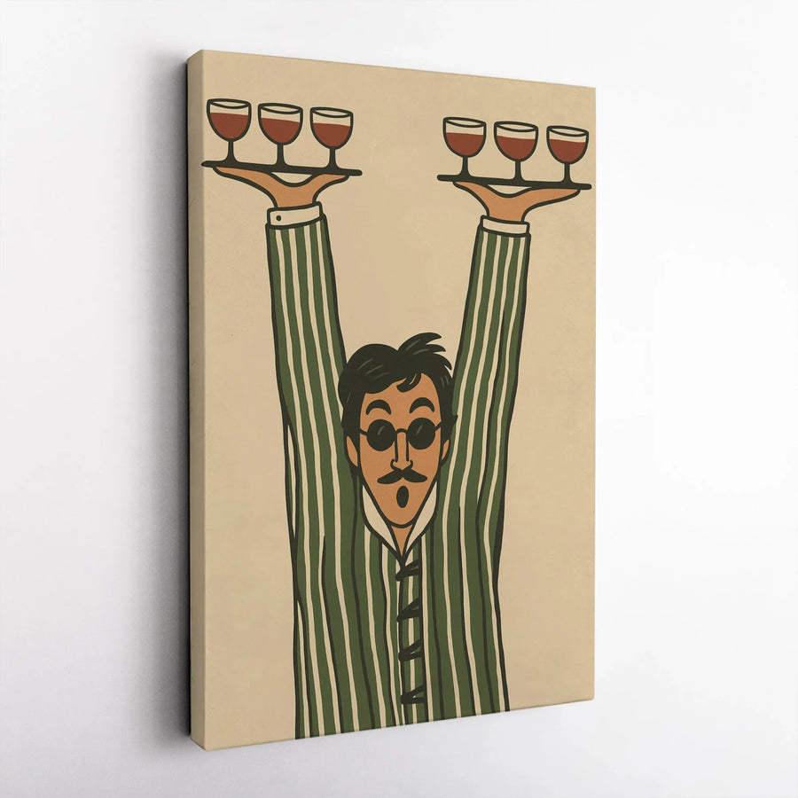 Wine Lover Wall Art | Whimsical Man in Pajamas Carrying Wine Trays Print | Gallery Quality 1.25" Canvas | Premium Decor for Kitchen or Dining Room
