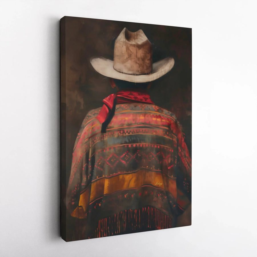 Western Cowboy Wall Art | Moody Southwestern Poncho Painting | Premium Gallery-Wrapped Canvas | Rustic Living Room Home Decor