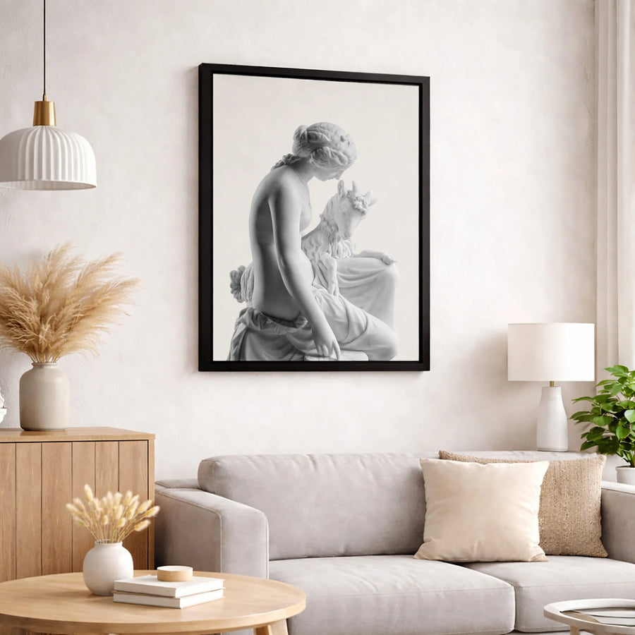Classical Nymph and Goat Statue Canvas Art | Renaissance Marble Sculpture Print | Premium Gallery Wrapped Wall Decor | Aesthetic Greek Mythology Gift