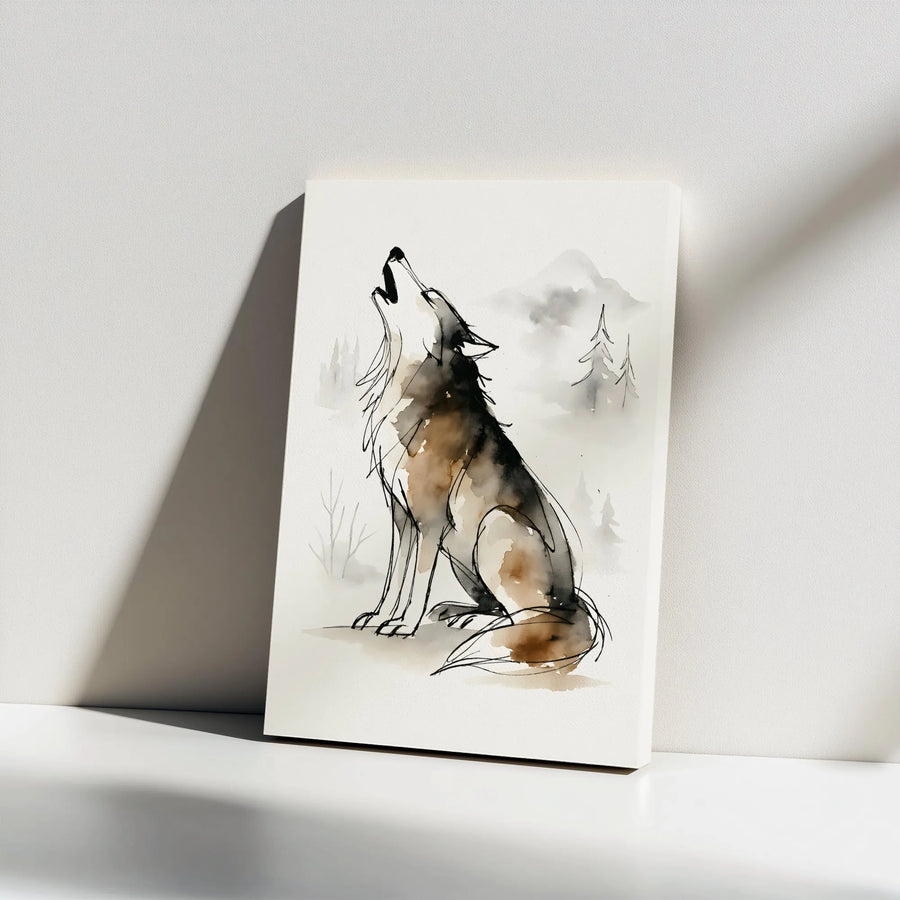 Howling Wolf Canvas Wall Art | Minimalist Watercolor Ink Sketch | Premium Gallery Wrap Print | Nature Inspired Rustic Home Decor Gift