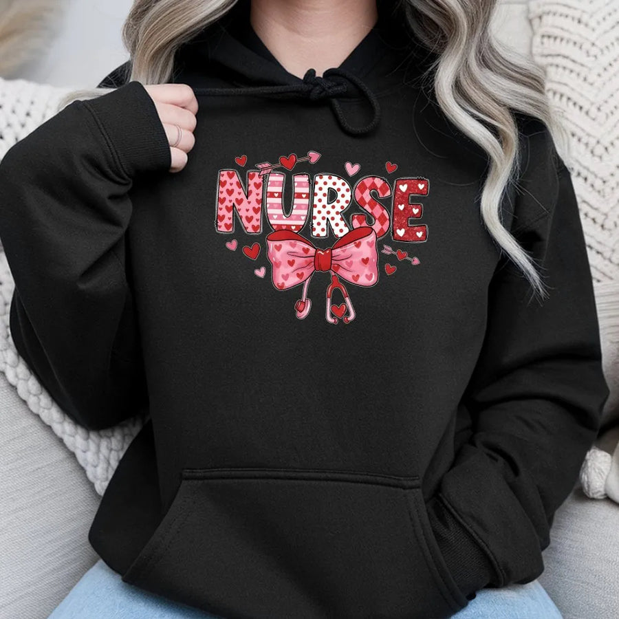 Valentine Nurse Hoodie | Pink Coquette Bow Stethoscope Design | Soft Cotton Blend Sweatshirt | Cute Valentines Day Gift for Nurses and Students