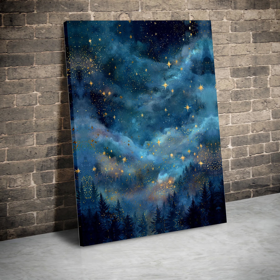 Starry Night Forest Canvas Print | Watercolor Galaxy with Gold Stars | Premium Gallery Wrap Canvas | Abstract Nature Art Gift for Home