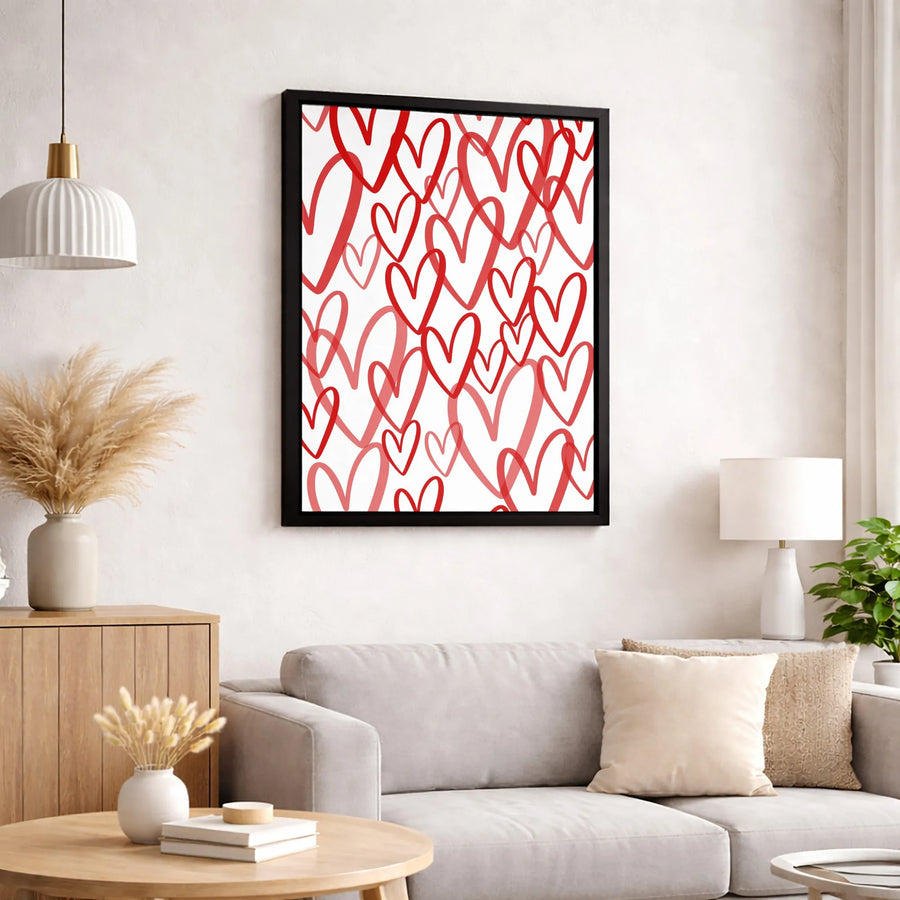 Red Hearts Wall Art Canvas | Hand-Drawn Scribble Pattern | Premium Gallery-Wrapped Print | Romantic Valentine’s Day Decor Gift for Her