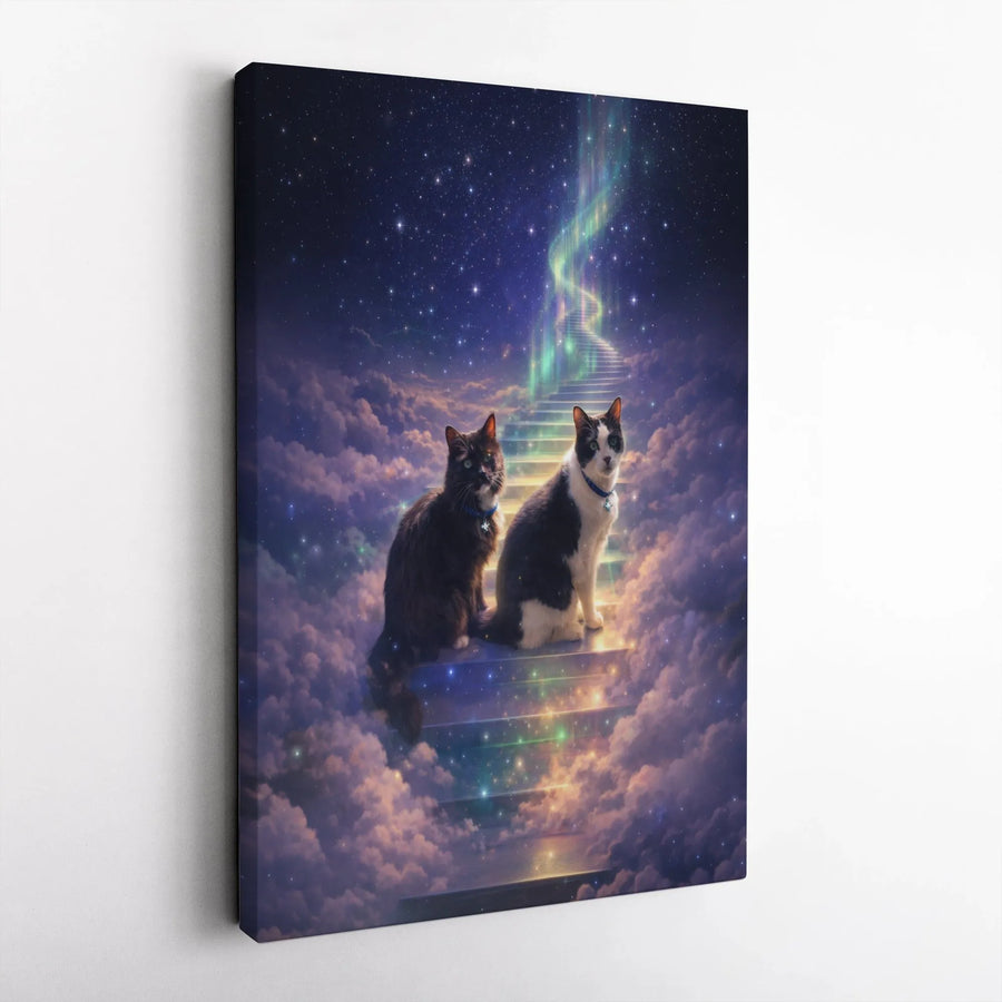 Cat Memorial Canvas Wall Art | Two Cats on Stairway to Heaven | Premium Gallery Wrapped Print | Sympathy Gift for Pet Loss