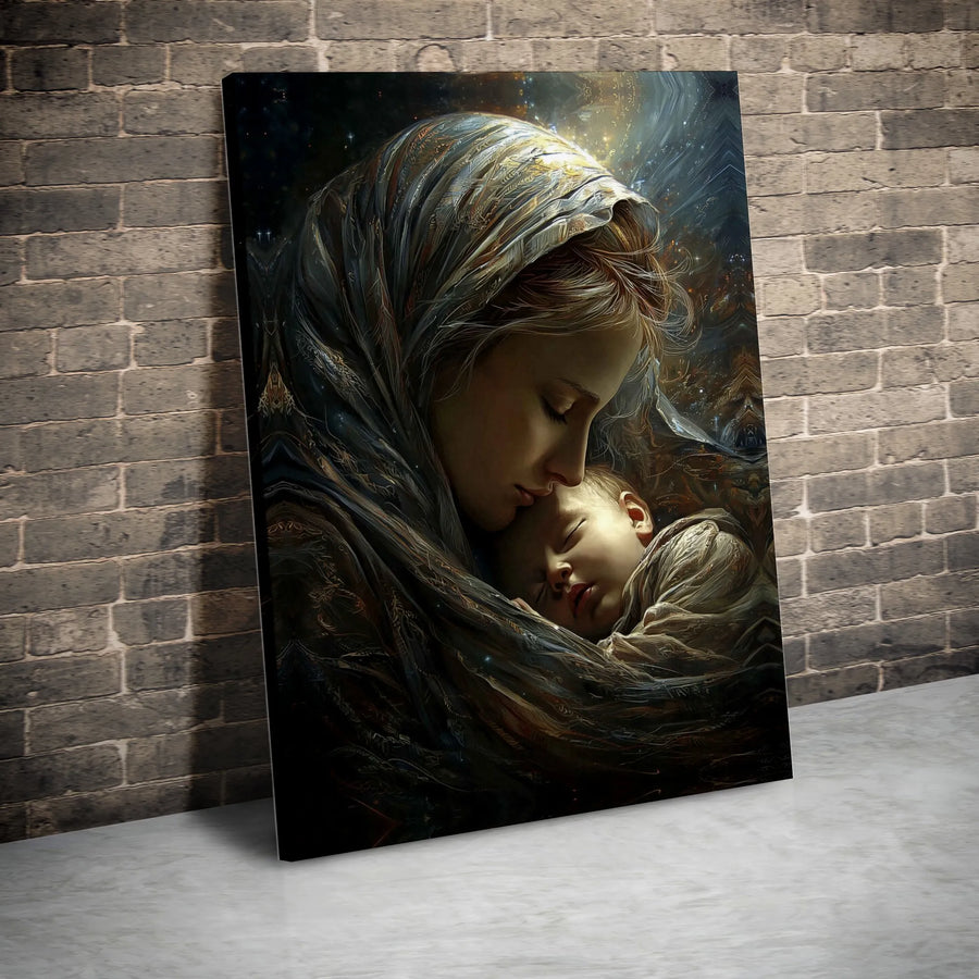 Toile Madone et Enfant | Portrait spirituel de la maternité | Toile premium tendue sur châssis | Cadeau de décoration chrétienne pour la maison pour maman