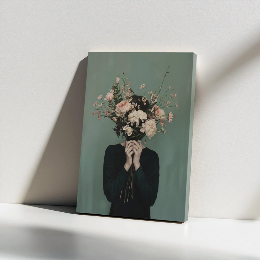 Woman With Flowers Face Canvas | Moody Botanical Portrait | Premium Gallery Wrap Decor | Aesthetic Wall Art for Living Room Home Office Gift