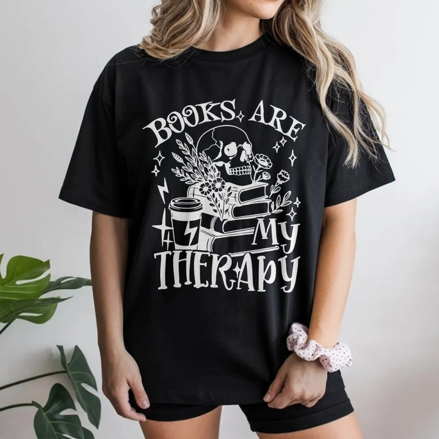 Books Are My Therapy T-Shirt | Dark Academia Skull Aesthetic Tee | Premium Cotton Bookworm Shirt | Gift For Readers And Librarians