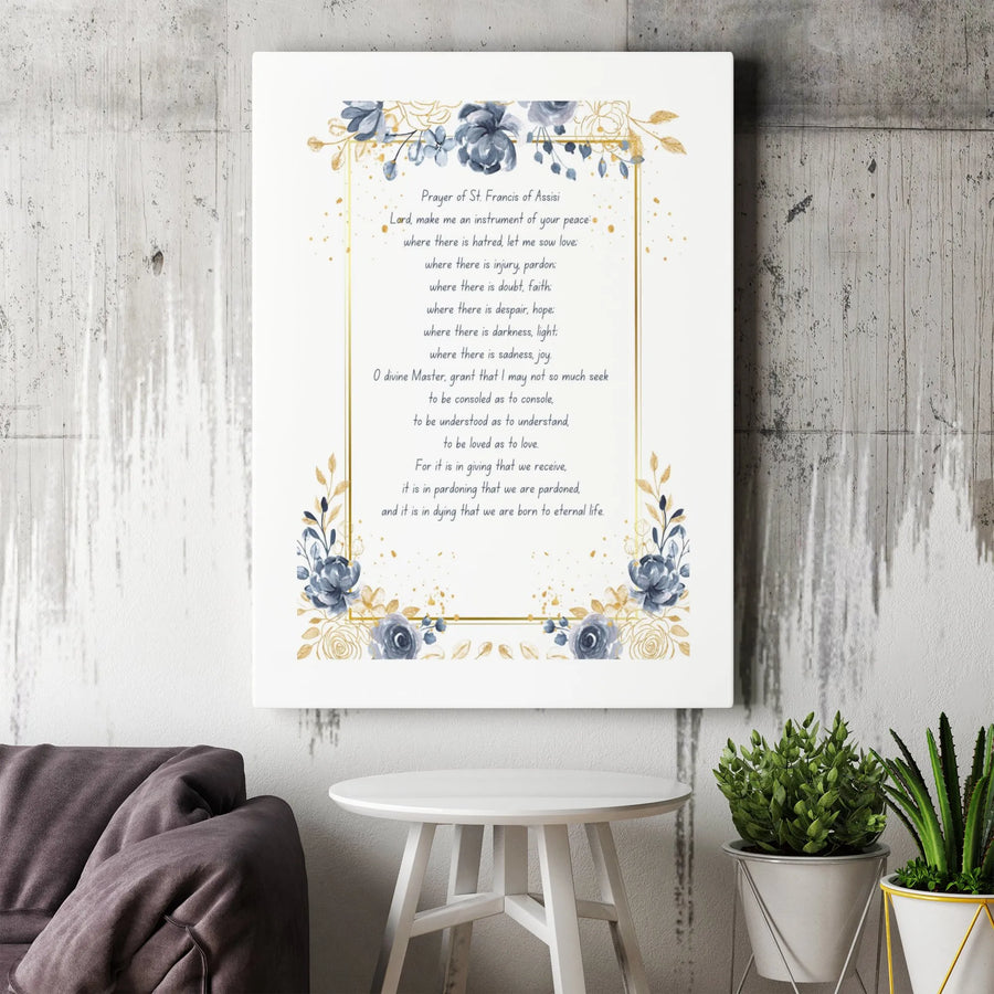 Prayer of St. Francis Canvas Wall Art | Blue and Gold Floral Watercolor Design | Premium Gallery Wrap | Religious Home Decor Gift for Inspiration