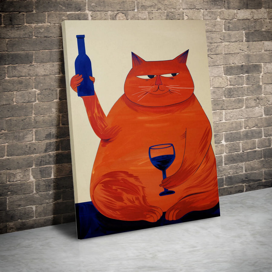 Funny Fat Orange Cat Wall Art | Whimsical Wine Lover Illustration | Premium Gallery Wrapped Canvas | Quirky Home Decor Gift
