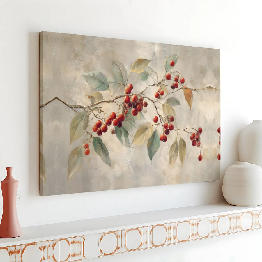 Cherry Branch Canvas Wall Art | Botanical Oil Painting Style Print | Premium Gallery Wrap 1.25" Depth | Elegant Kitchen Dining Home Decor Gift