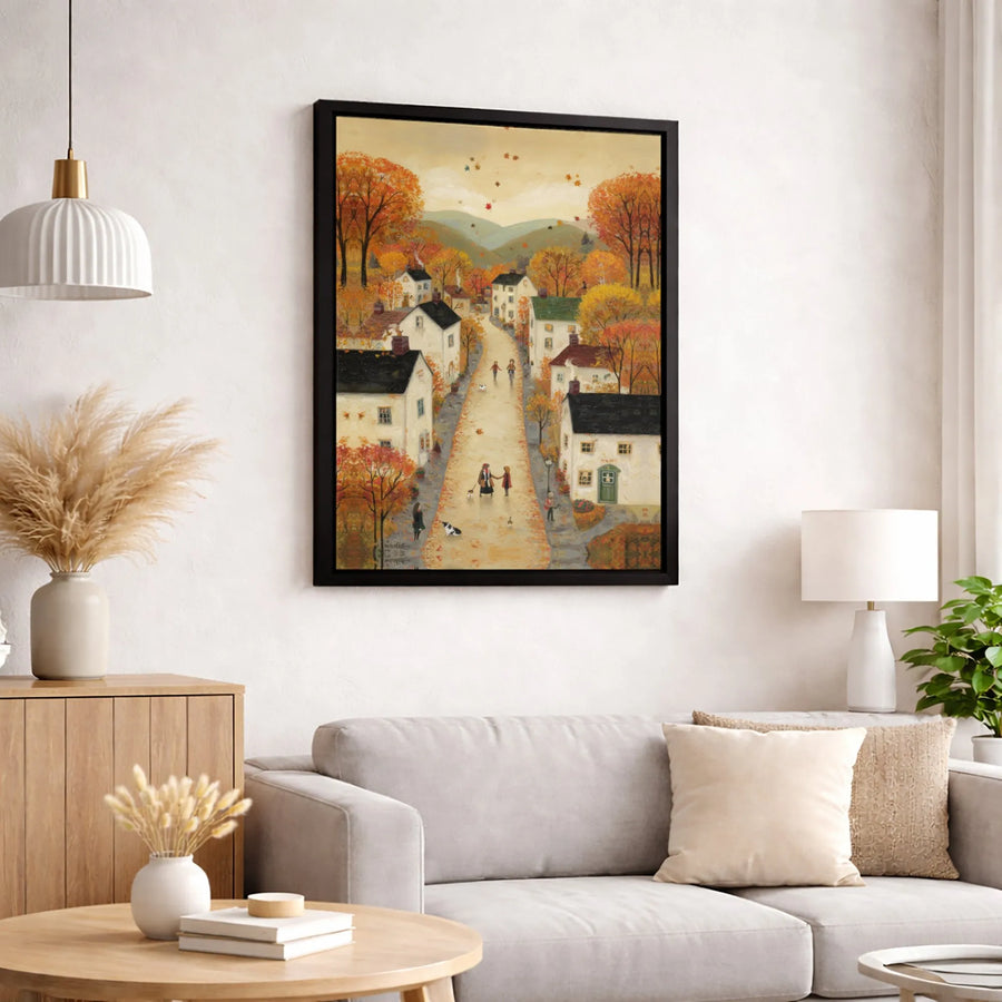 Autumn Village Canvas Wall Art | Whimsical Folk Art Landscape | Premium 1.25" Gallery Wrap | Cozy Fall Home Decor for Living Room