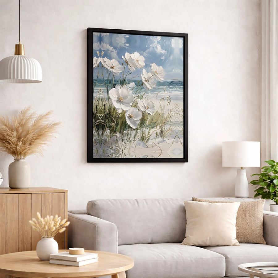 Coastal White Flower Wall Art | Impasto Seascape Canvas Print | Gallery Quality Premium Decor | Beach House Living Room Gift
