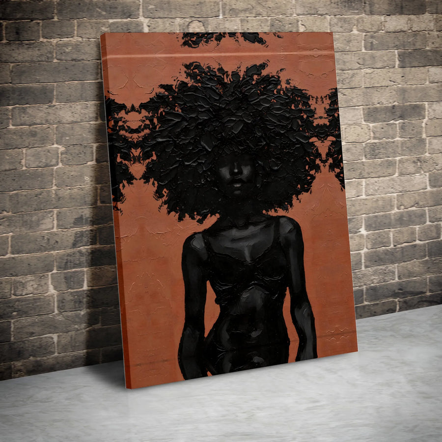 Black Woman Afro Canvas Art | Textured Impasto Style Portrait | Premium Gallery Wrap Wall Decor | Modern African American Interior Home Gift