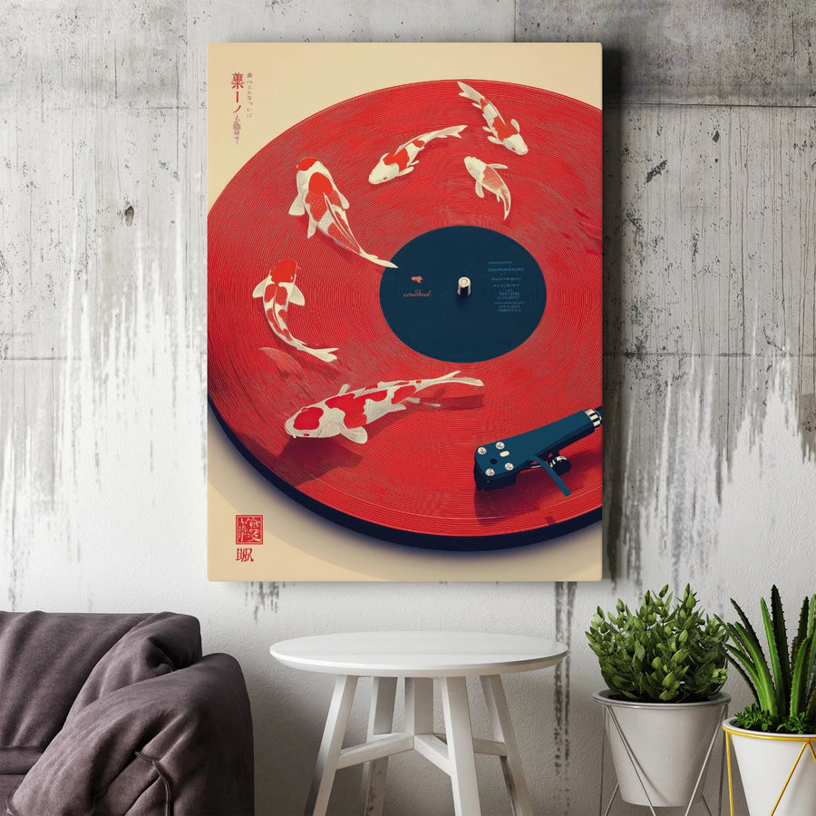 Japanese Koi Fish Canvas Print | Surreal Vinyl Record Turntable Art | 1.25" Premium Gallery Wrapped | Zen Music Decor for Modern Home Office