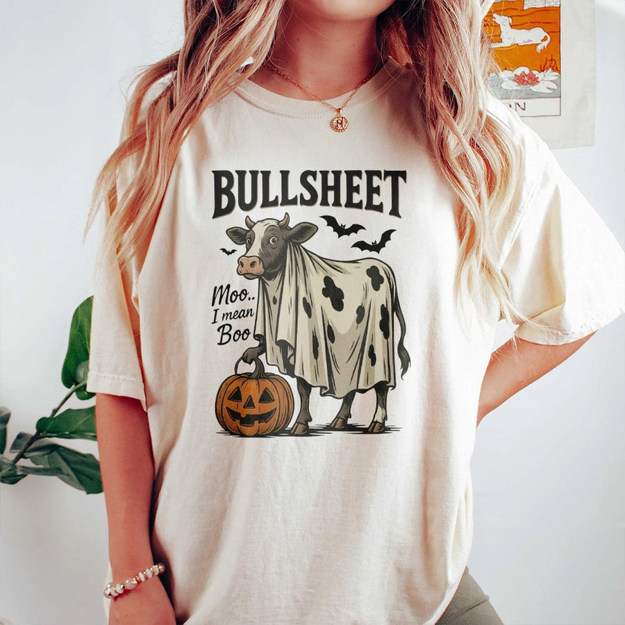 Bullsheet Cow Halloween T-Shirt | Moo I Mean Boo Funny Graphic Tee | Premium 100% Cotton | Gift For Cow Lovers And Farm Animal Fans