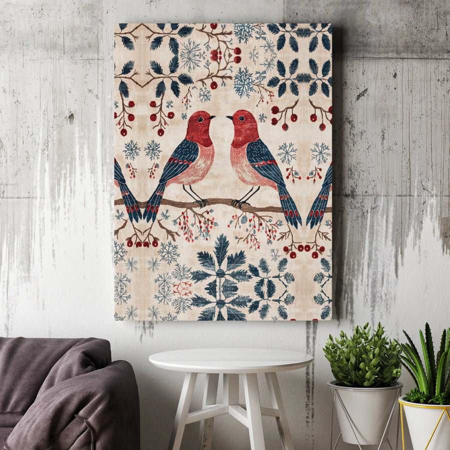 Vintage Red Bird Canvas Print | Folk Art Winter Snowflakes & Berries | Gallery Wrapped Premium Wall Decor | Holiday Home Gift For Nature Lovers
