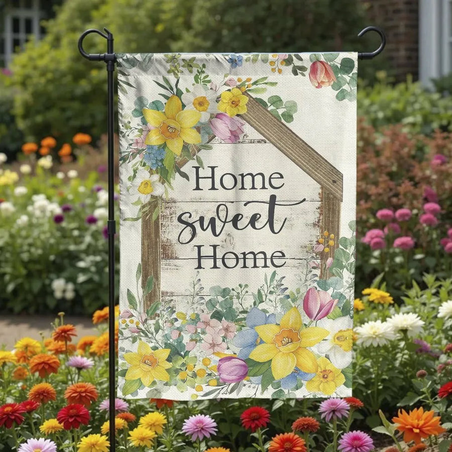 Home Sweet Home Garden Flag | Watercolor Spring Floral Design | Double Sided Polyester | Welcoming Housewarming Gift for New Homeowner