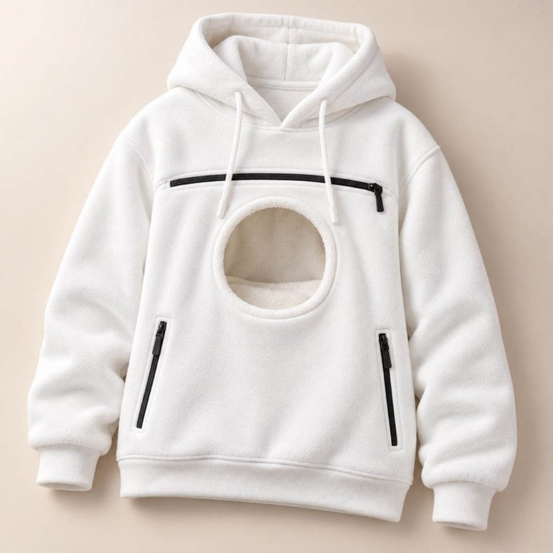 Flat lay of the white pet carrier hoodie: chest zip, round pouch opening with fleece lining, two zip side pockets