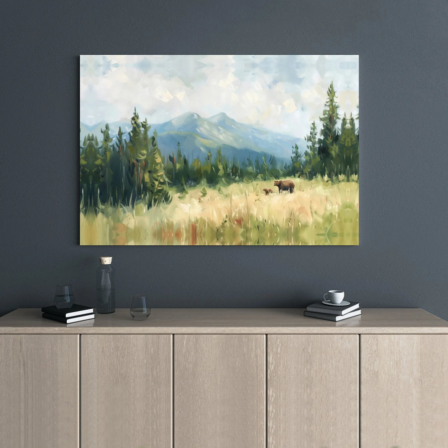 Bear And Cub Mountain Landscape Canvas Art | Impressionist Meadow Wall Decor | Premium 1.25" Gallery Wrap | Nature Lover Home Office Gift