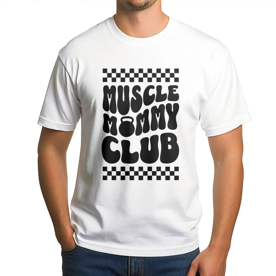 Muscle Mommy Club T-Shirt | Retro Checkered Gym Pump Cover | Premium Soft Cotton Graphic Tee | Funny Fitness Gift for Women Who Lift