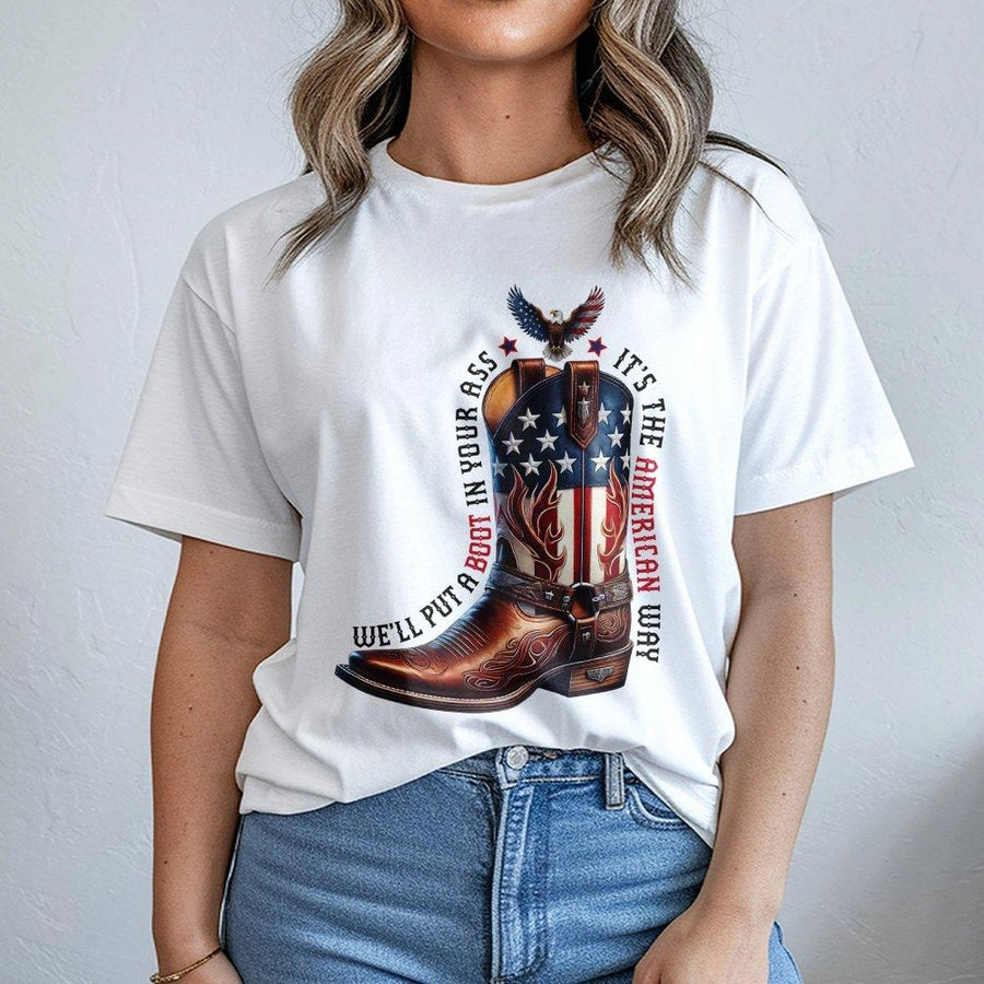 American Way Graphic T-Shirt | Cowboy Boot Patriotic Bald Eagle Design | Premium Soft Cotton Tee | Patriotic Gift for Men and Women