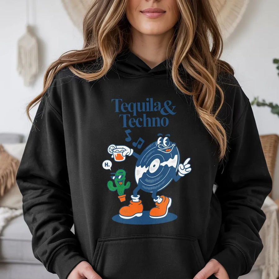 Tequila and Techno Graphic Hoodie | Retro Cartoon Music Mascot Design | Soft Breathable Cotton | Gift for DJ & Music Festival Goer