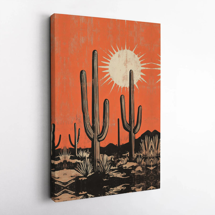 Desert Saguaro Cactus Wall Art | Mid-Century Modern Burnt Orange Landscape | Premium Gallery Wrapped Canvas | Southwestern Home Decor Gift