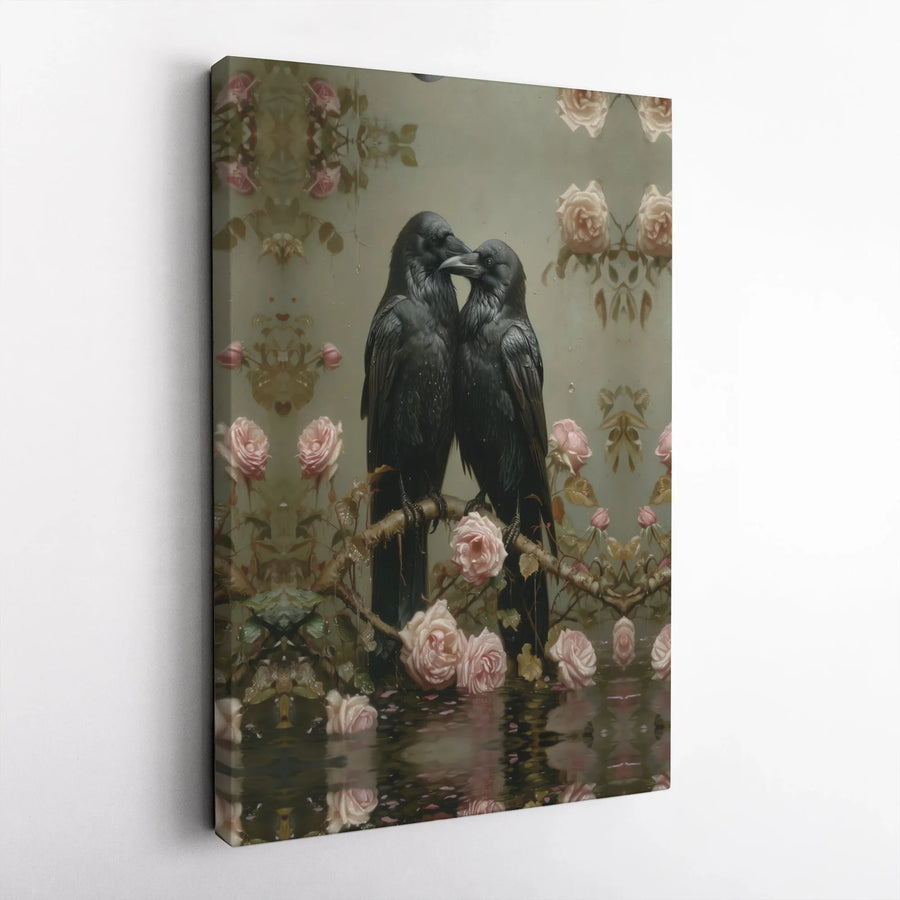 Gothic Raven Wall Art | Romantic Two Crows With Pink Roses | Premium Gallery Canvas | Dark Academia Home Decor Gift