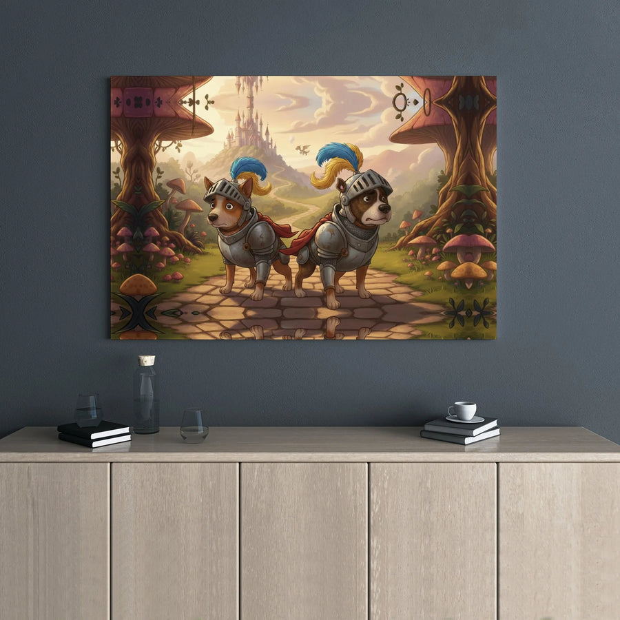 Fantasy Dog Knight Canvas Print | Whimsical Medieval Warrior Pups in Enchanted Mushroom Forest | Premium Gallery Wrapped Wall Art | Kids Room Gift