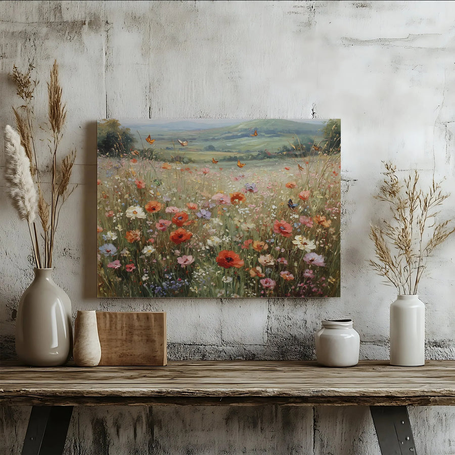 Wildflower Meadow Canvas Wall Art | Textured Floral Landscape Print | Premium Gallery Quality Canvas | Farmhouse Living Room Decor Gift