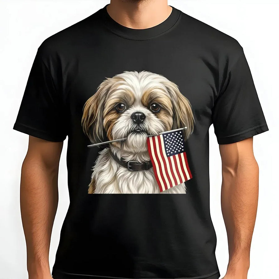 Patriotic Shih Tzu T-Shirt | Dog with American Flag Graphic | Ultra-Soft Unisex Crewneck | 4th of July Gift for Dog Lover