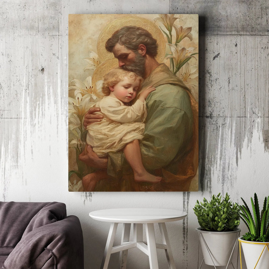 Saint Joseph Holding Baby Jesus Canvas | Religious Wall Art With White Lilies | Premium Gallery Wrap Print | Catholic Home Decor Gift
