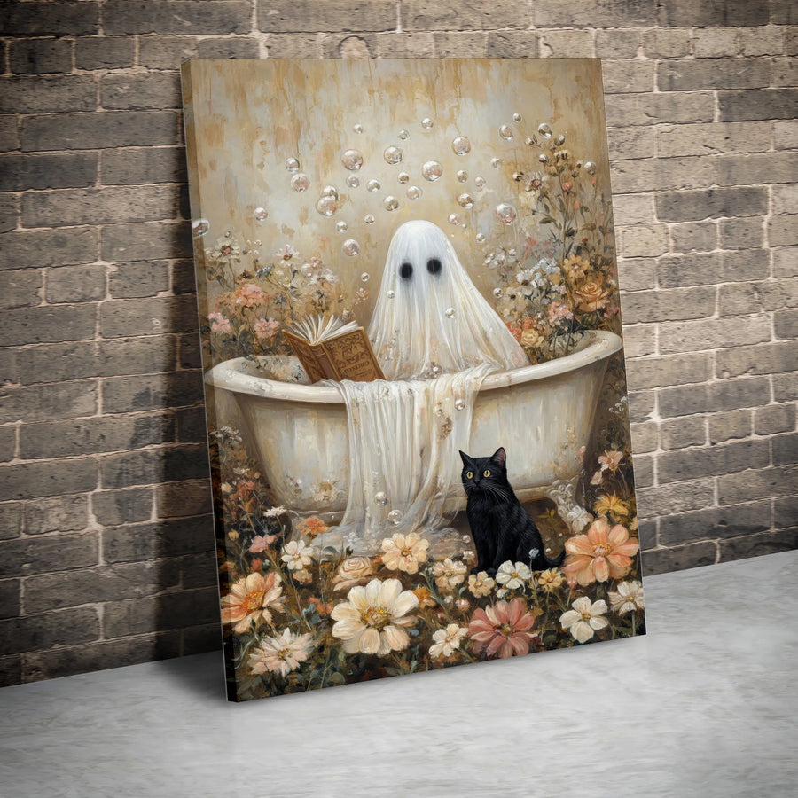 Ghost Reading Book Canvas Art | Whimsical Bathtub & Black Cat Decor | Gallery-Wrapped Premium Print | Spooky Cottagecore Wall Decor Gift